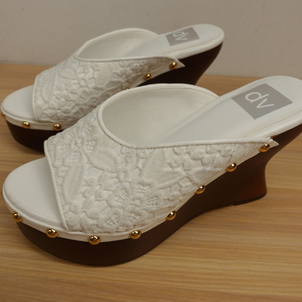Y2K Boho Wedge Mule Sandals Womens 6 White Lace Studded Wood Clogs DV Dolce Vita